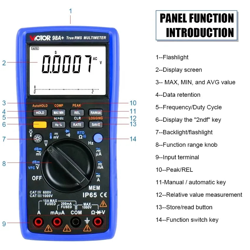 VICTOR VC98A+ Digital Multimeter 22000 Words With AC Hz Peak Measurement Digital Multimeter Bar Graph True RMS DMM Meter   ytdi