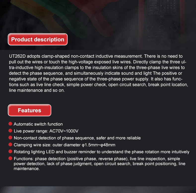UNI-T UT262D Non-Contact Phase Detector Sequence Measurement Double Insulation Protection Live Power Range AC 1000V LS    ytdi
