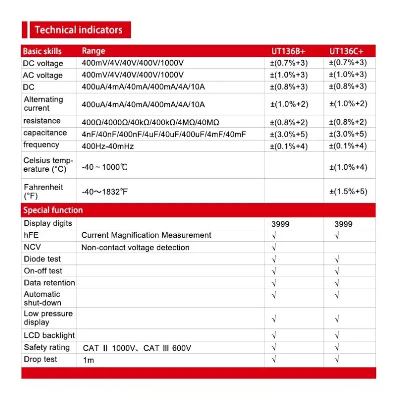 UNI-T UT136B+ 3999-Count 1000V 10A Circuit Table AC DC Current Resistance Testers Digital Multimeter Auto-range Multimeter lexso