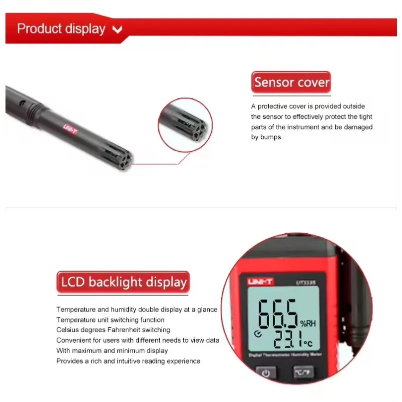 UNI-T UT333S Split Thermometer Outdoor Hygrometer Digital Industrial Air Temperature and Humidity Detector LCD Dual Display lexso