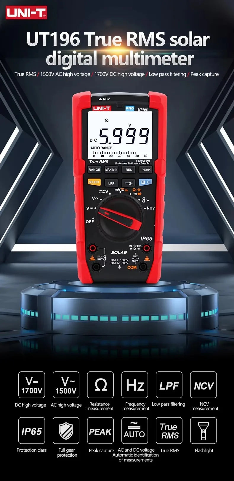 UNI-T Professional Digital Multimeter UT196 1500V AC DC Voltage Tester True RMS Capacimeter Resistance Frequency Meter IP65 LS    ytdi