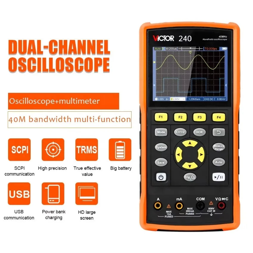 VICTOR 240S China Handheld Oscilloscope 2CH Channel 40MHz 125MSa/s Sampling Rate Dual-Channel Multimeter Storage signal Souce LS   ytdi