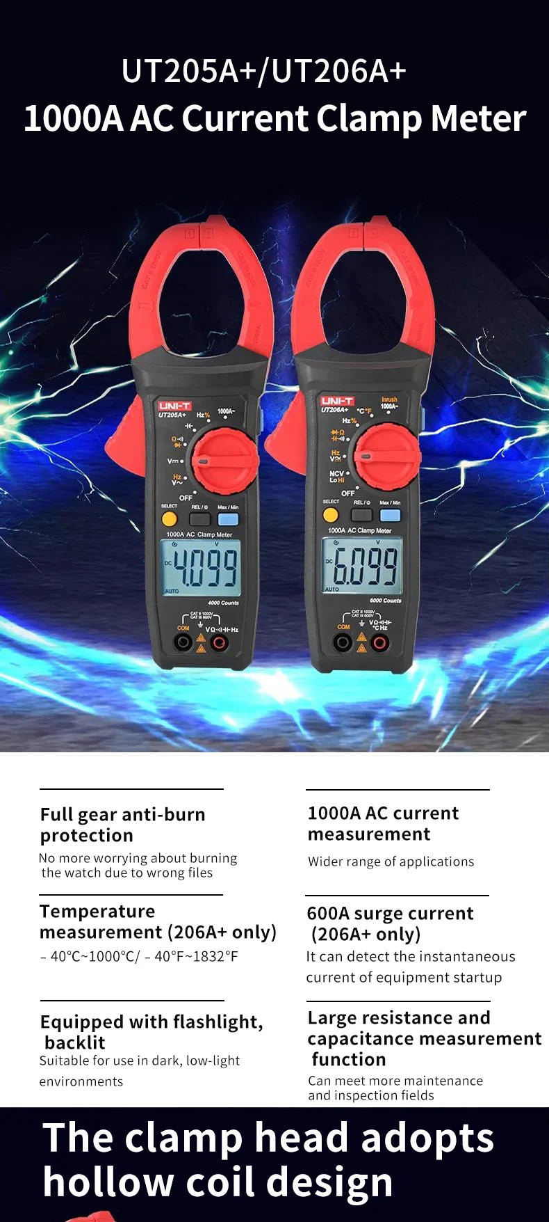 UNI-T UT205A+ Clamp-On Ammeter 1000V Voltmeter Voltage Frequency Professional Electrical Integrated Meter UT205A Plus lexso