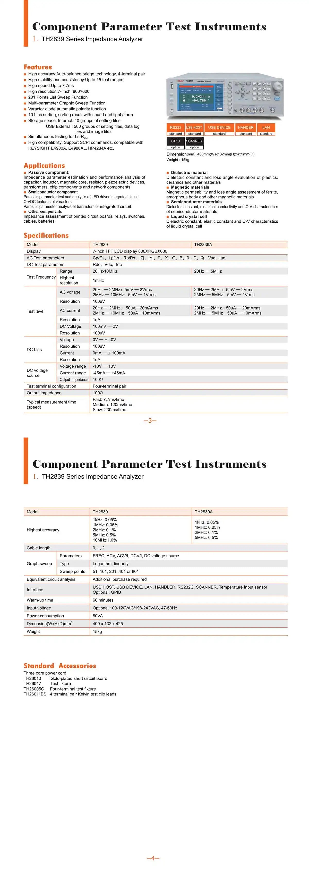 Tonghui Impedance Analyzer High Frequency LCR Meter TH2839 TH2839A  ytdi