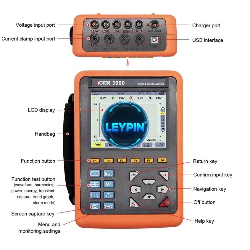 VICTOR 5000 Intelligent Three Phase  Power Quality Analyzer With 8mm Diameter Current Clamp ARM and DSP Dual-processors    ytdi