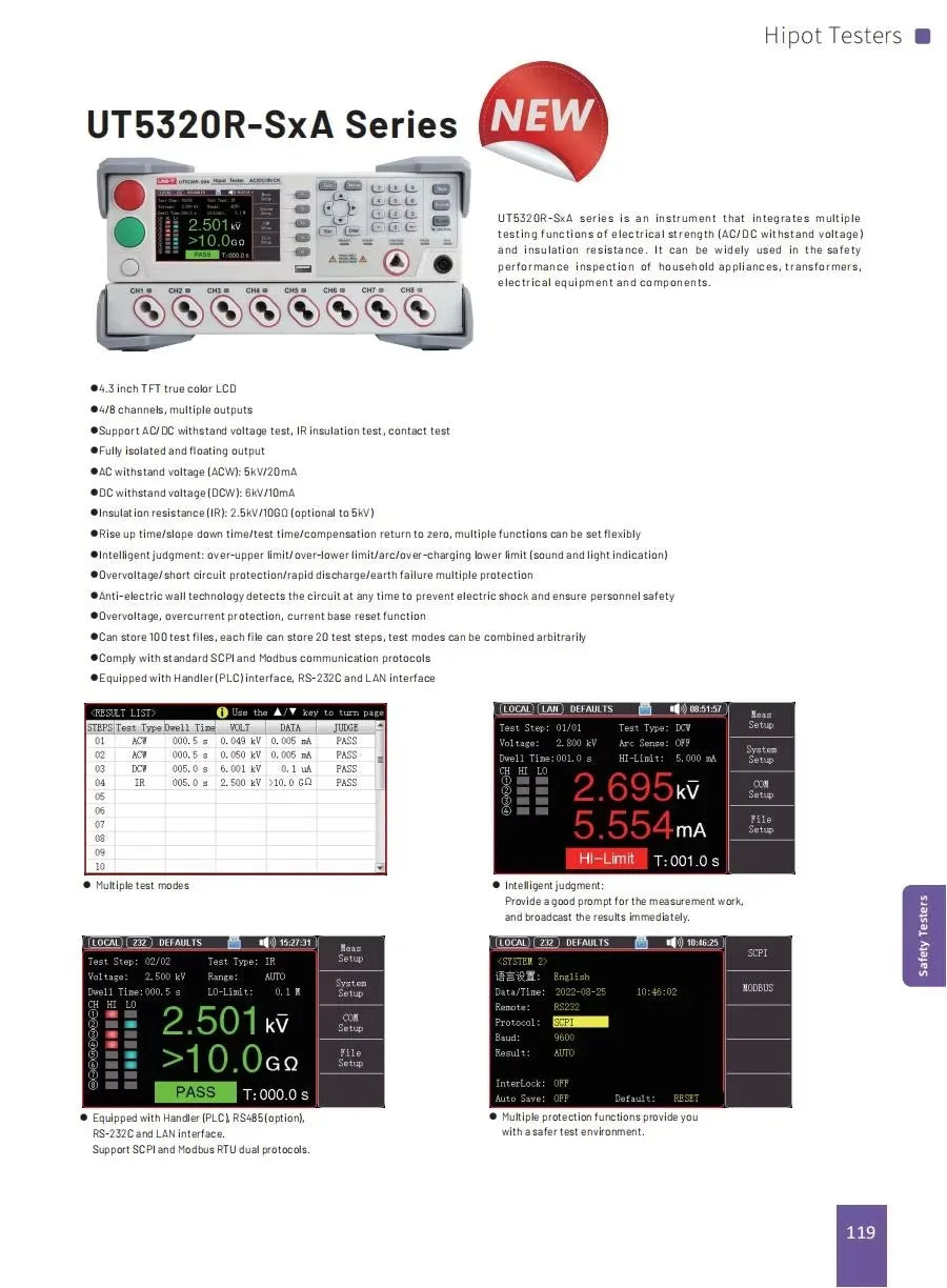 UNI-T UT5320R-S4A UT5320R-S8A Hipot Testers Electrical Strength AC/DC Withstand Voltage and Insulation Resistance Price Contact    ytdi