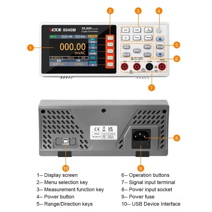 VICTOR VC8045M BENCHTOP DIGITAL MULTIMETER 55000 Counts 3.5-inch TFT Display Screen  with a Resolution   ytdi