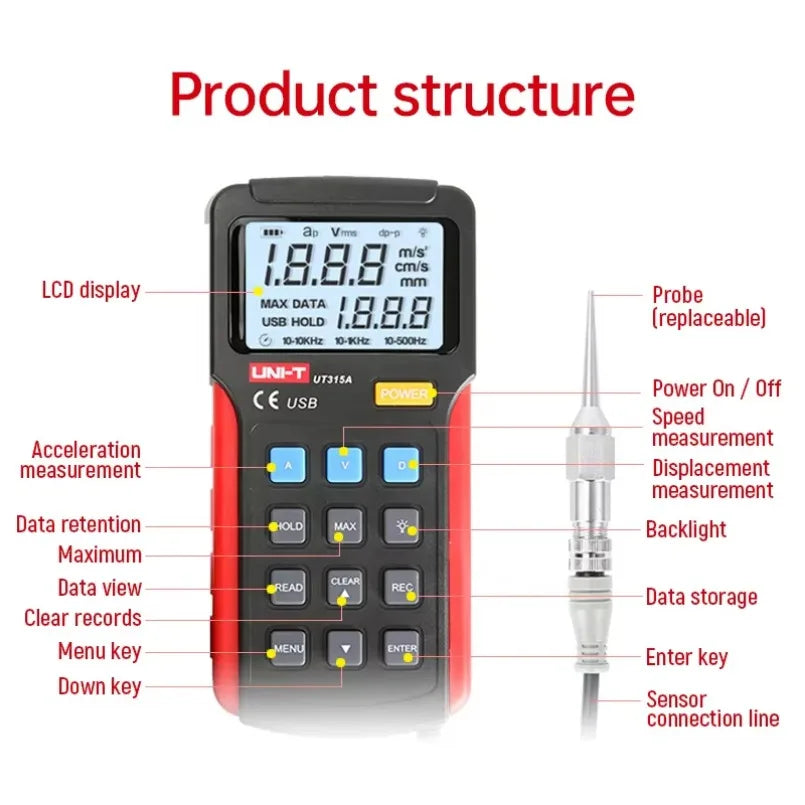 UNI-T UT315A RMS Tester Vibration Meter Industrial Digital Vibration Meter Device Probe Vibration Analyzer lexso