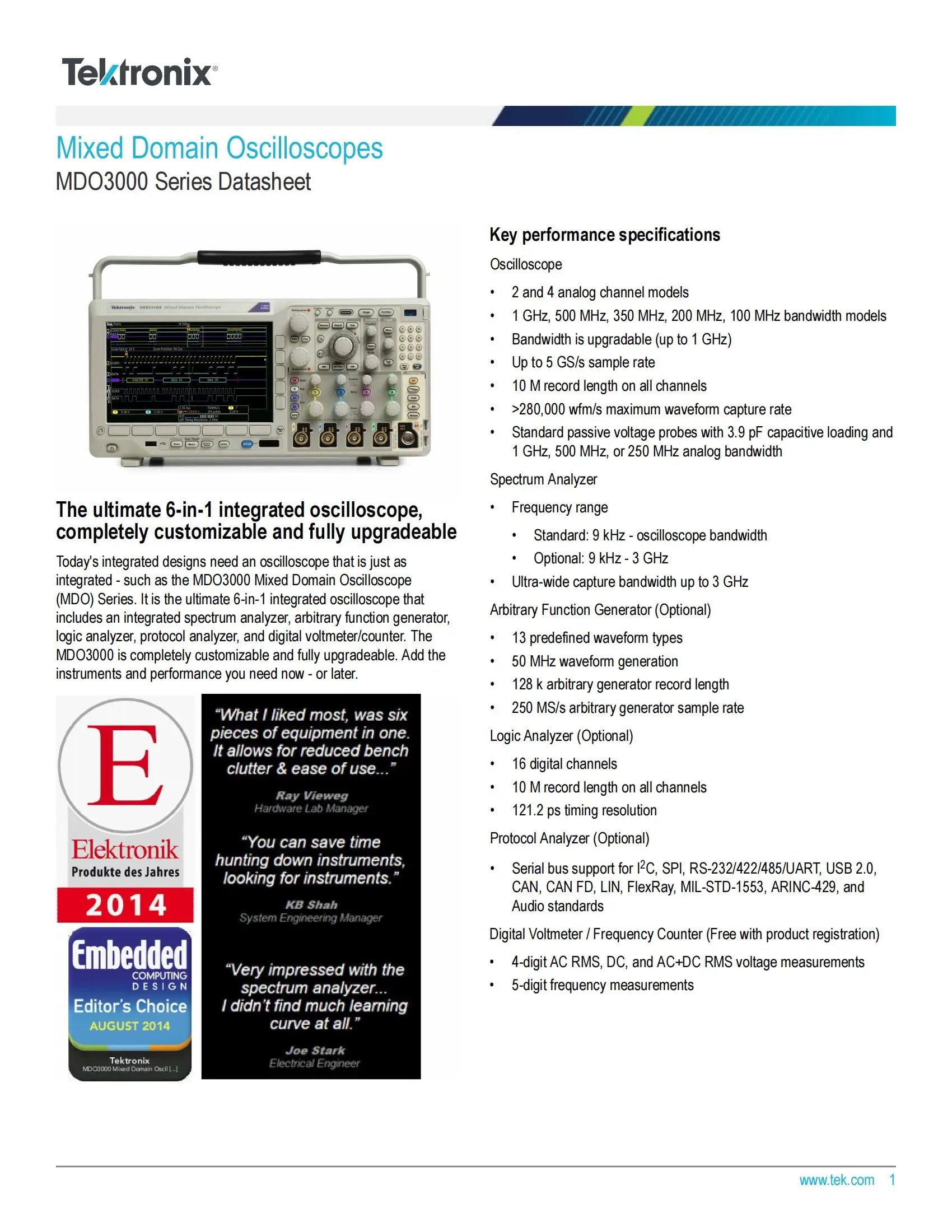 Tektronix MDO3000 /MDO3104 Six Integrated Instruments 1 GHz 2 or 4 Channels Mixed Domain Oscilloscope   ytdi