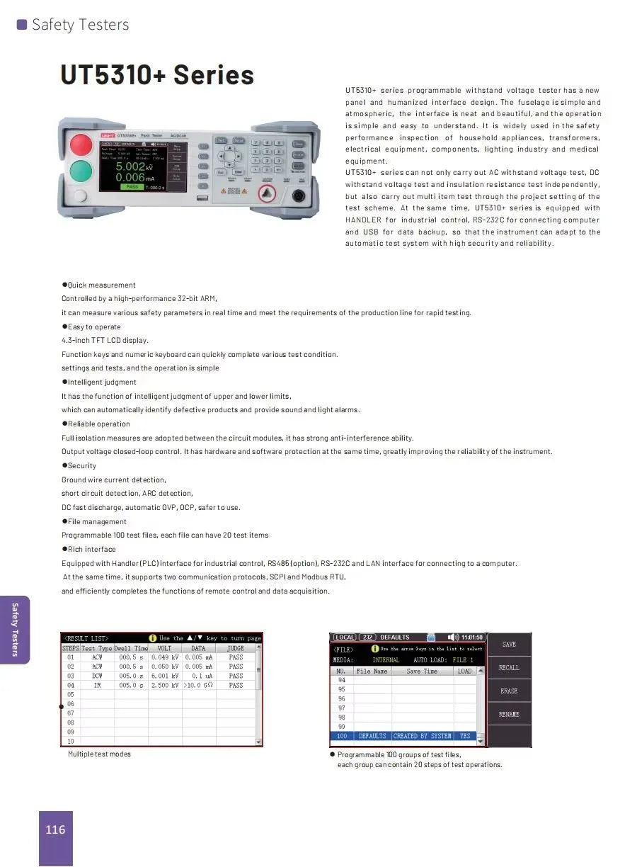 UNI-T UT5310D+ Programmable HIPOT Tester AC DC Withstand Voltage Tester with RS232 Interface 4.3'' TFT LCD 1CH 5KV 6KV 10mA LS    ytdi