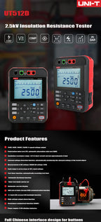 UNI-T UT512D 2.5KV Insulation Resistance Tester Megohmmeter Ohm Digital Insulation Resistance Meter Short-circuit protection lexso