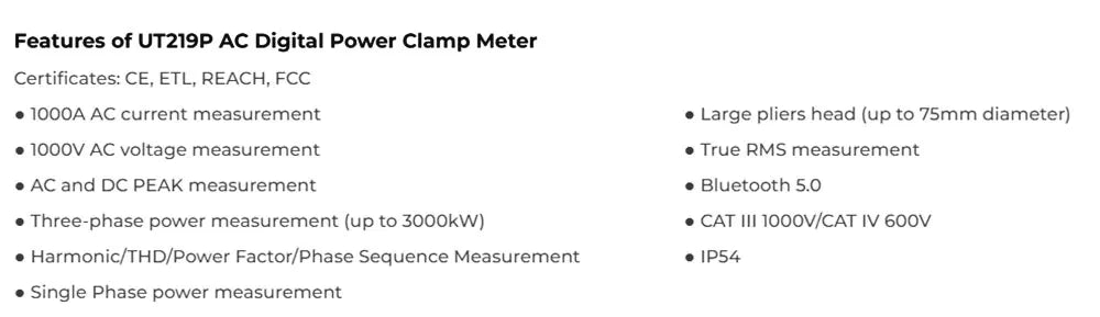UNI-T UT219P AC Digital Power Clamp Meter AC 1000V 1000A  Single Three-phase Reactive Power Factor Meter Pliers Multimeter    ytdi