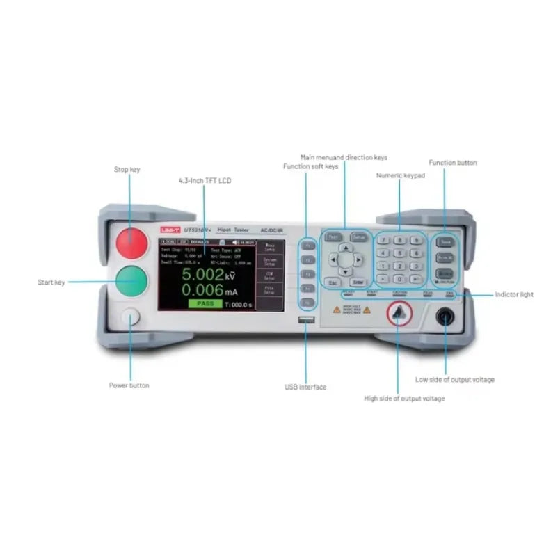 UNI-T UT5310R+  Programmable HIPOT Tester AC DC Withstand Voltage Tester With RS232 Interface 4.3'' TFT LCD 1CH 5KV 6KV 20mA lexso