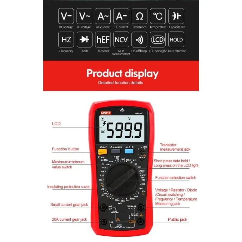 Uni-t UT890C 5999 Counts Manual Range Multimeters AC DC Frequency Meter Temperature Tester HD Backlight Digital Multimeter lexso