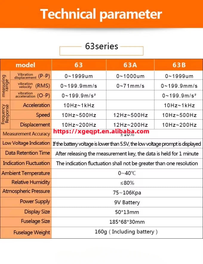 VICTOR VC63B Mini Orange Digital Vibration Meter 1-1999um Displacement Velocity0.1-199.9mm/s RMS Vibrometer   ytdi