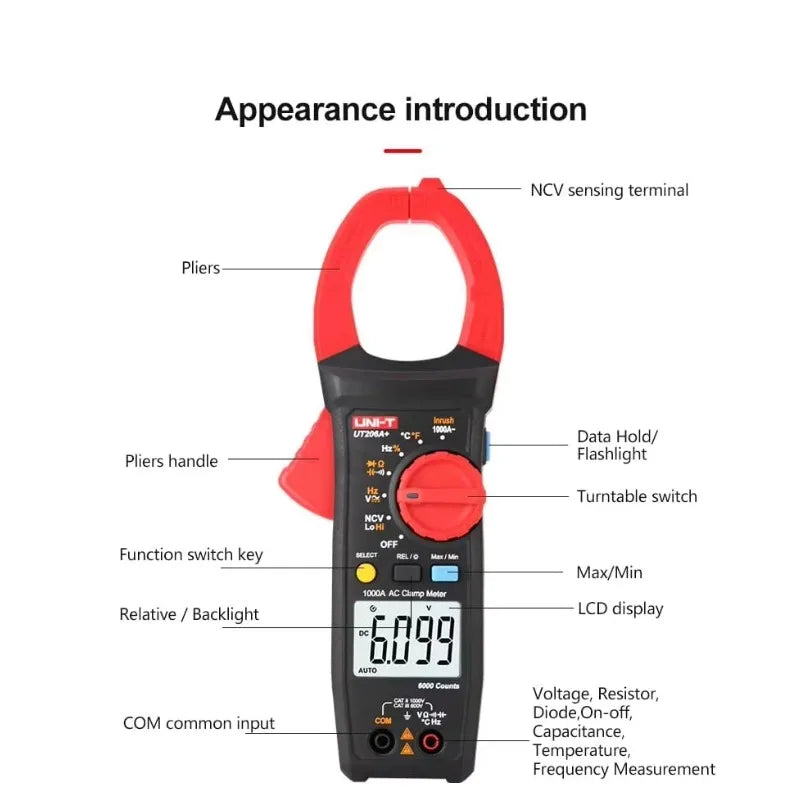 UNI-T Uni-Trend Multimeter clamp Meter UT206A+ Clamp Current Meter Ammeter 1000V Voltmeter Voltage Frequency lexso