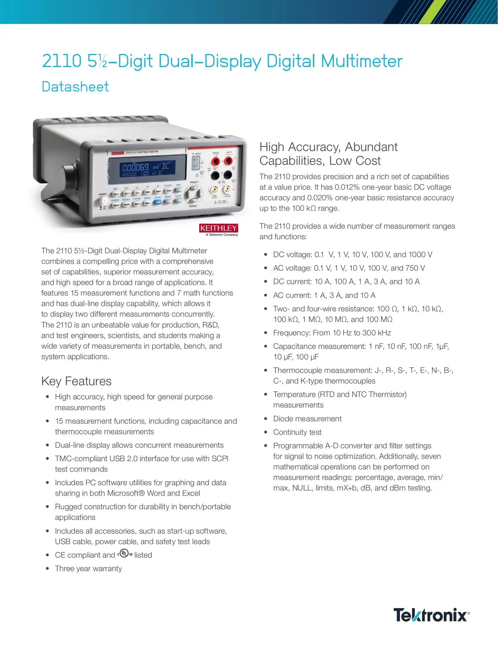 Tektronix Keithley 2110-220  5.5 Digit Dual Display USB Multimeter Multi Range Measuring Instrument    ytdi