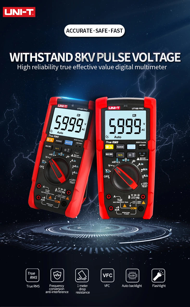 UNI-T UT18B Pro True RMS Digital Multimeter AC DC Voltmeter Ammeter 1000V 10A Capacitance 6mF Frequency 1MHz Auto Range Tester    ytdi