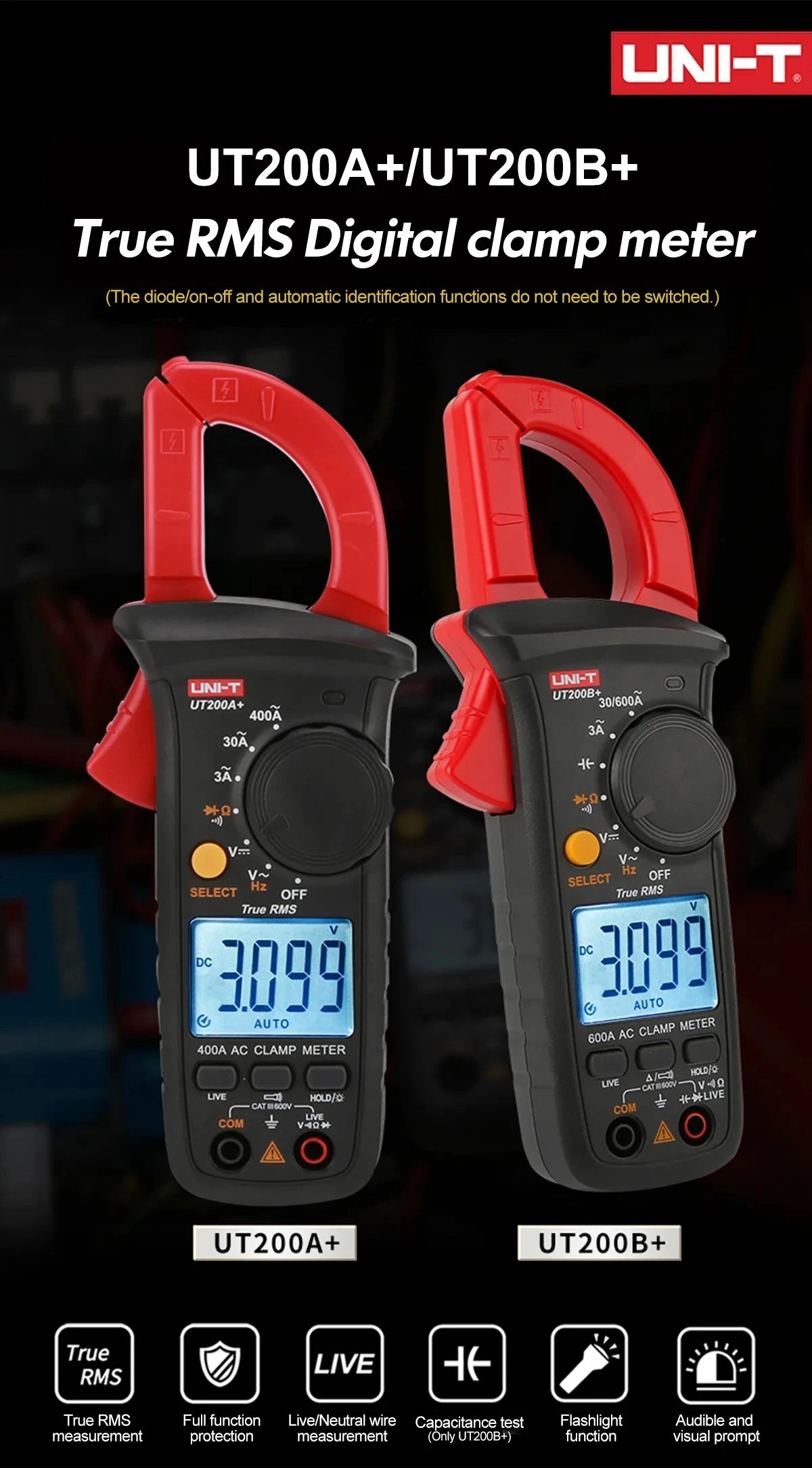 UNI-T UT200A+ Digital Clamp Multimeter Electrician Voltage Tester with True RMS Ammeter for AC Current Measurement lexso