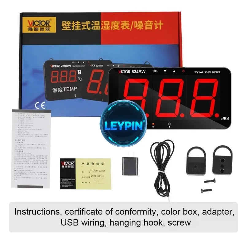 VICTOR 834BW Digital Noise Meter with Alarm, 4 Inch Display, WiFi Blue Tooth - Wall Mount Sound Level Monitor 30-130dB    ytdi