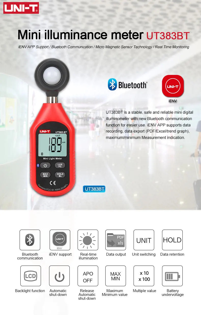 UNI-T UT383BT Light Meter 200,000 LUX Digital Luxmeter Luminance Lux Fc Test Max Min Illuminometers Photometer LS    ytdi