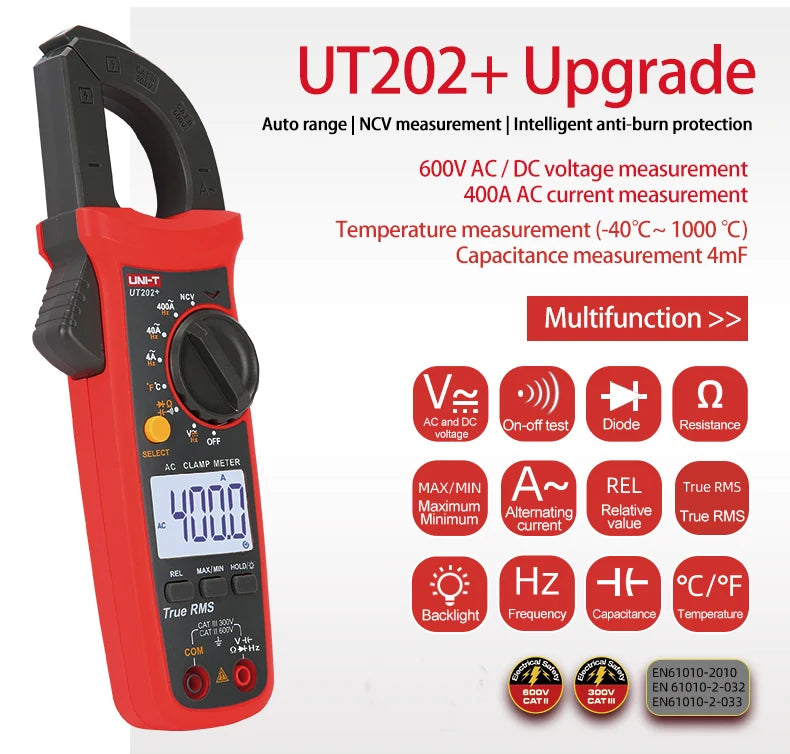 UNI-T UT202+ DC 600V 400A Current Voltage Meters Temperature Multimeter Capacitance Clamp Meter Digital 4000 Counts Current Test lexso