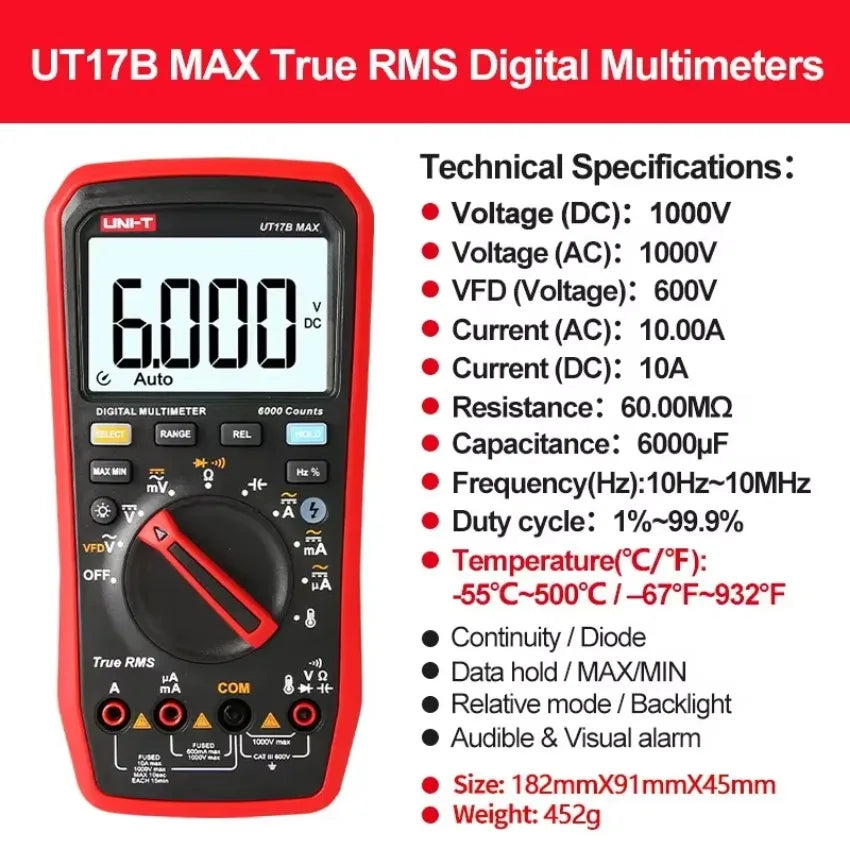 UNI-T True RMS Digital Multimeters UT15BMAX UT17BMAX UT18BMAX VFD Capacitance Voltage Current Electric Testing Meter    ytdi