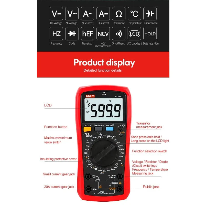 UNI-T UT890C AC DC 20A 1000V 6000 Counts RMS Digital Multimeters LCD Display Voltage Current Resistance Multimeter Digital lexso