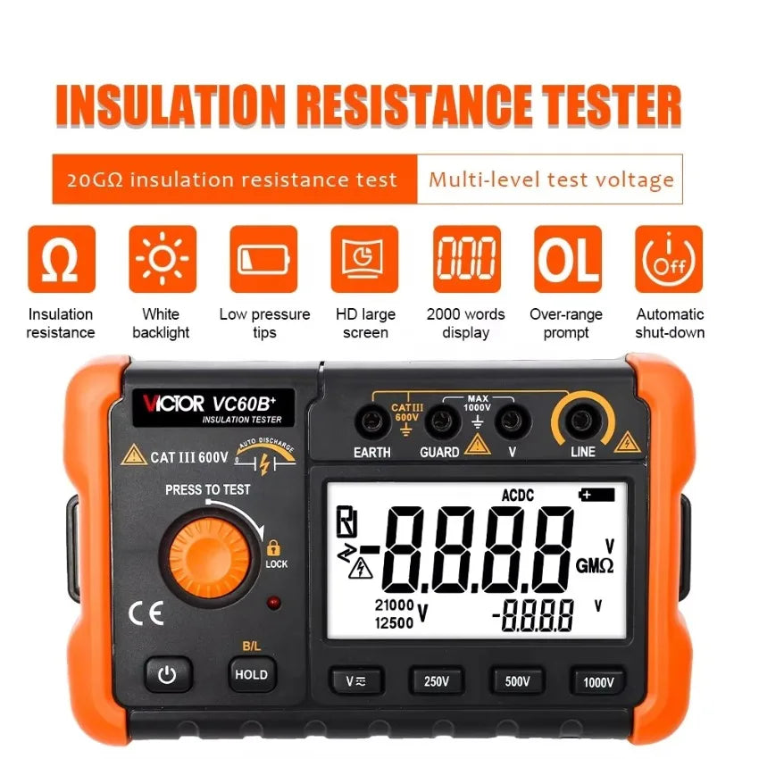 VICTOR VC60B+ Digital Insulation Resistance Tester High-definition LCD Screen 5000 Words Display clear Handwriting   ytdi