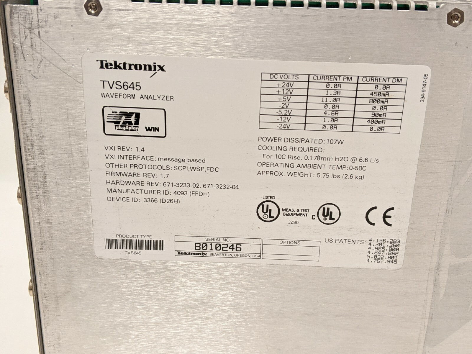 Tektronix TVS645 Waveform Analyzer Module Firmware REV: 1.7 VXI REV: 1.4    ytdi
